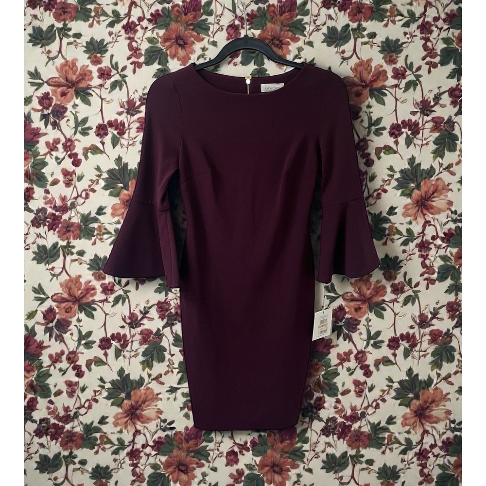 NWT Calvin Klein Plum deep purple Bell Sleeve fitted Dress Size 2P petites